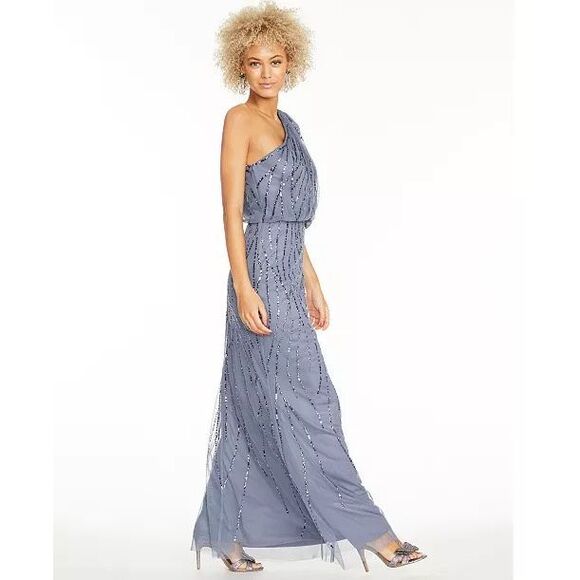 Adrianna Papell Sequined One-Shoulder Gown - Picture 3 of 14